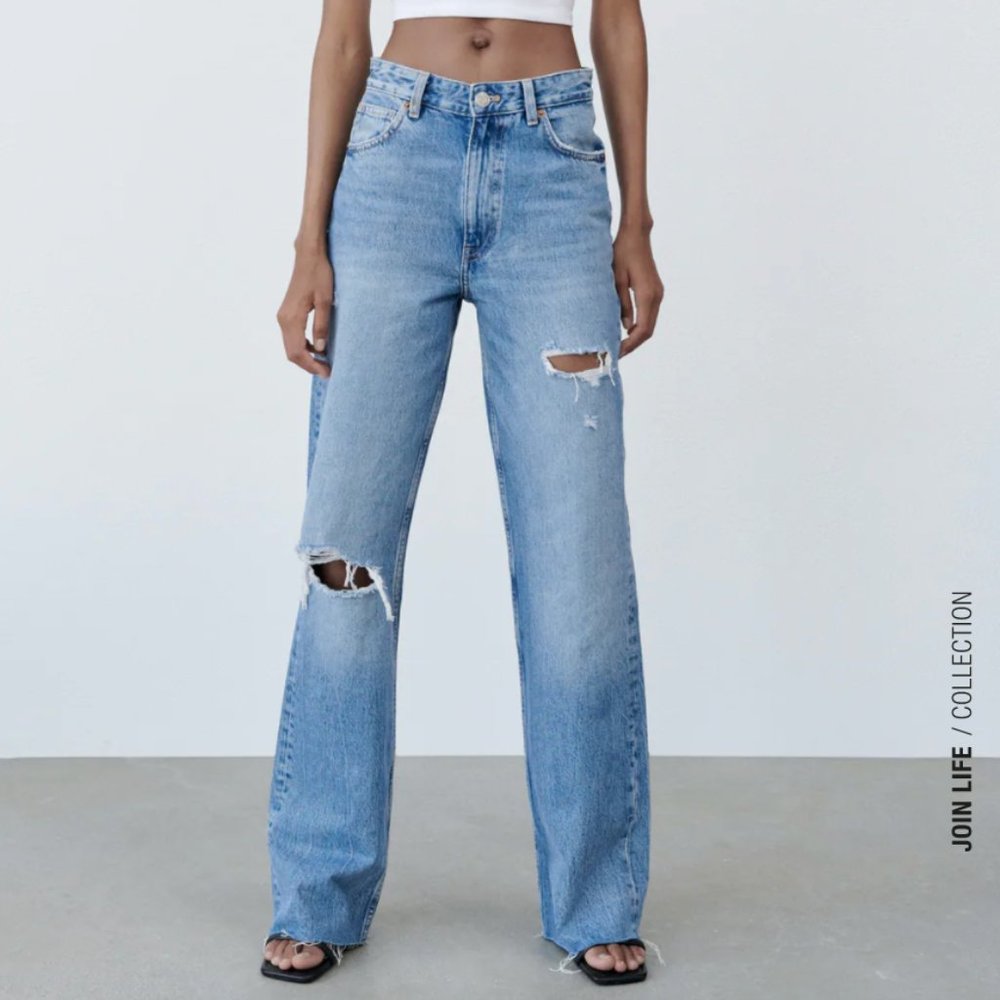 ZARA High Waist Wide Leg Ripped Jeans